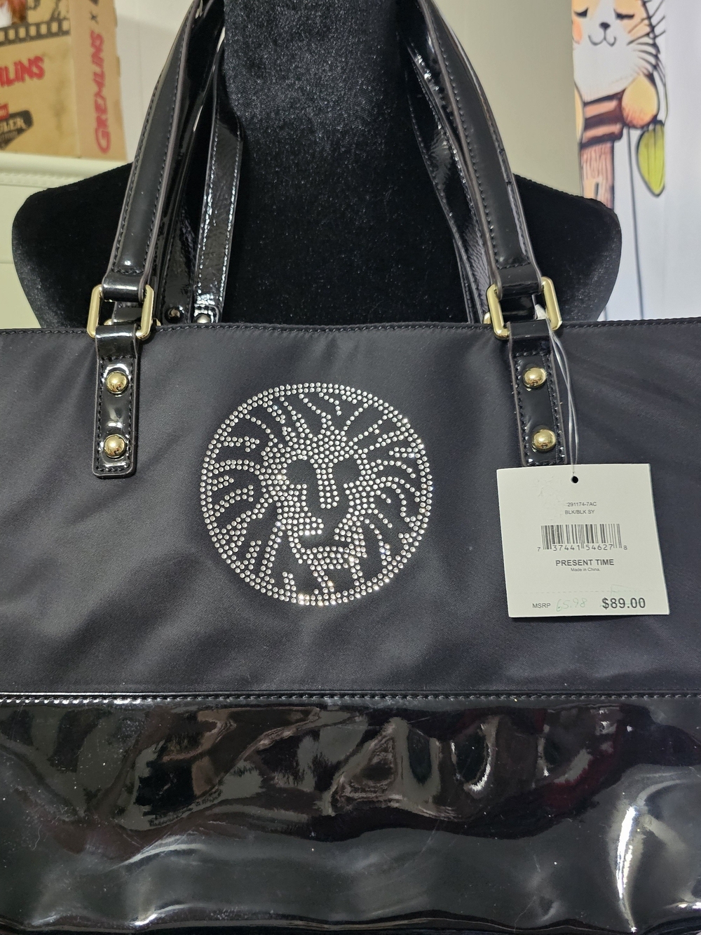 Anne Klein Black Tote with Rhinestone Lion Emblem